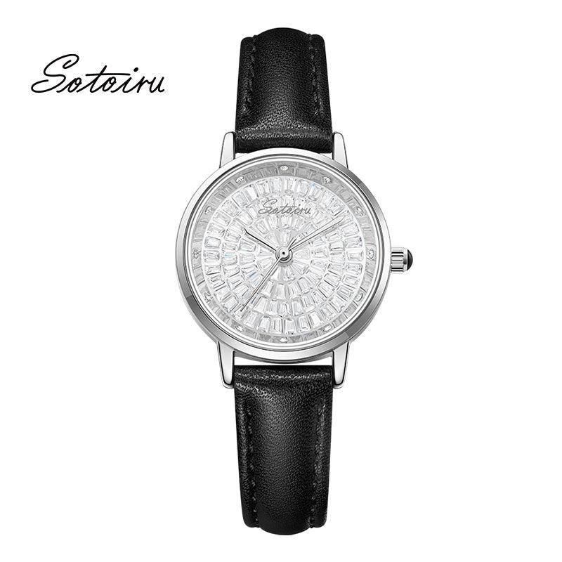 Sotoiru Women's Watches Round Full Zircon Leather Watch for Work T2031W