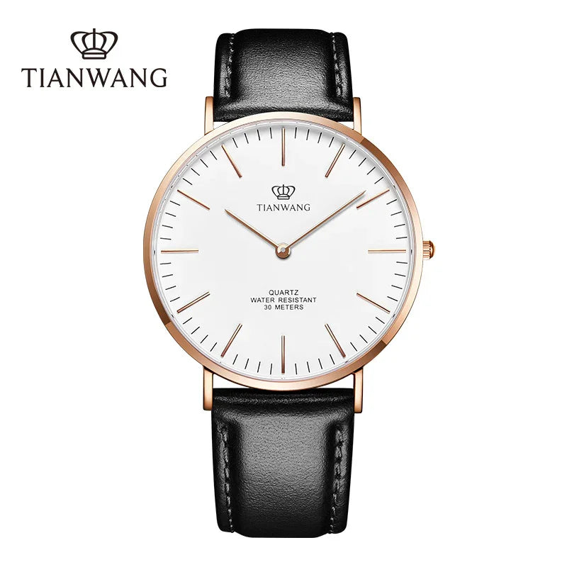 TIANWANG Men's Minimalist Quartz Watch Black Leather Rose Gold Bezel