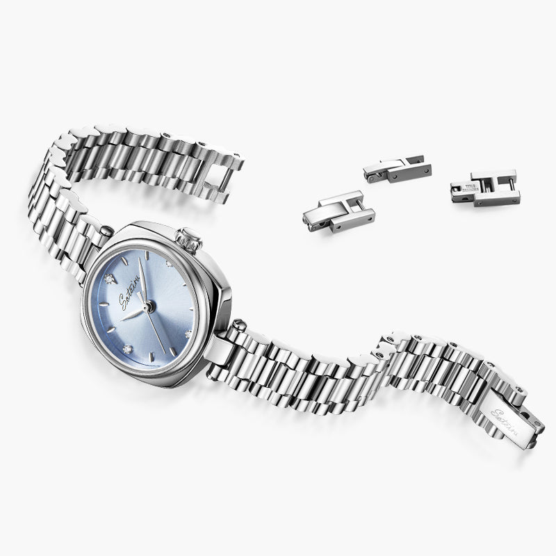 Detail of Sotoiru Ice Blue Aura bracelet watch with refined metal links