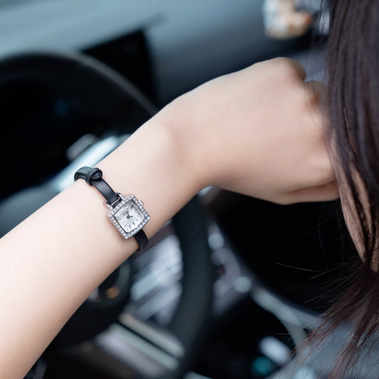 Sotoiru square watch worn on wrist with interchangeable strap design