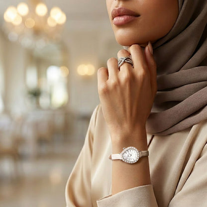 White mother-of-pearl women's watch paired with everyday elegant fashion