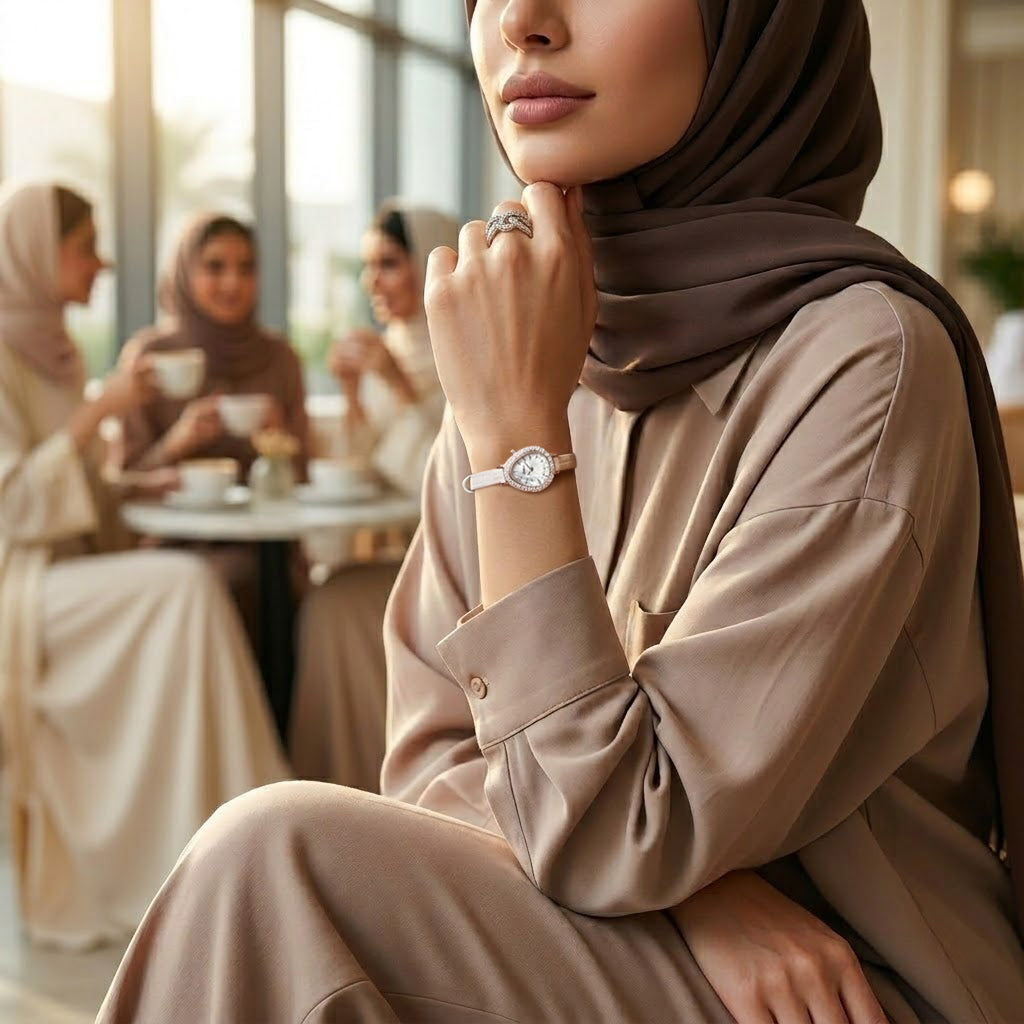 Sotoiru teardrop watch styled with modern modest fashion in Dubai