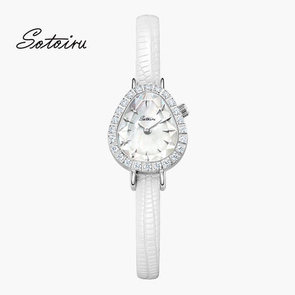 Sotoiru women's watch with dew-drop shaped case and mother-of-pearl dial