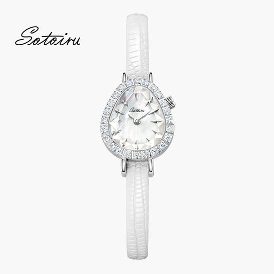 Sotoiru women's watch with dew-drop shaped case and mother-of-pearl dial