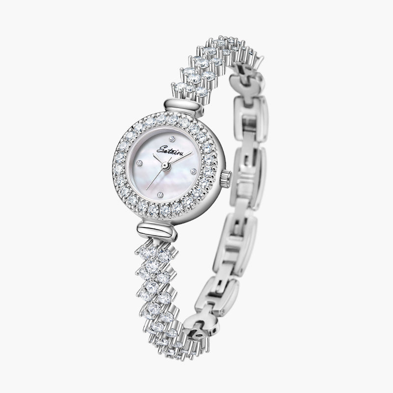 Angled view of Sotoiru pearl bracelet watch