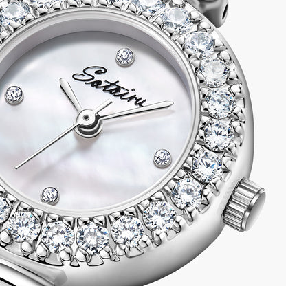 Close-up of Sotoiru mother-of-pearl dial with zircon bezel