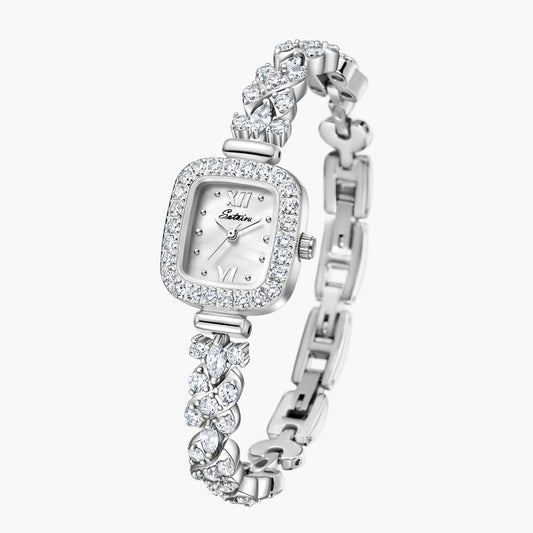 Angled view of Sotoiru square watch with zircon bracelet