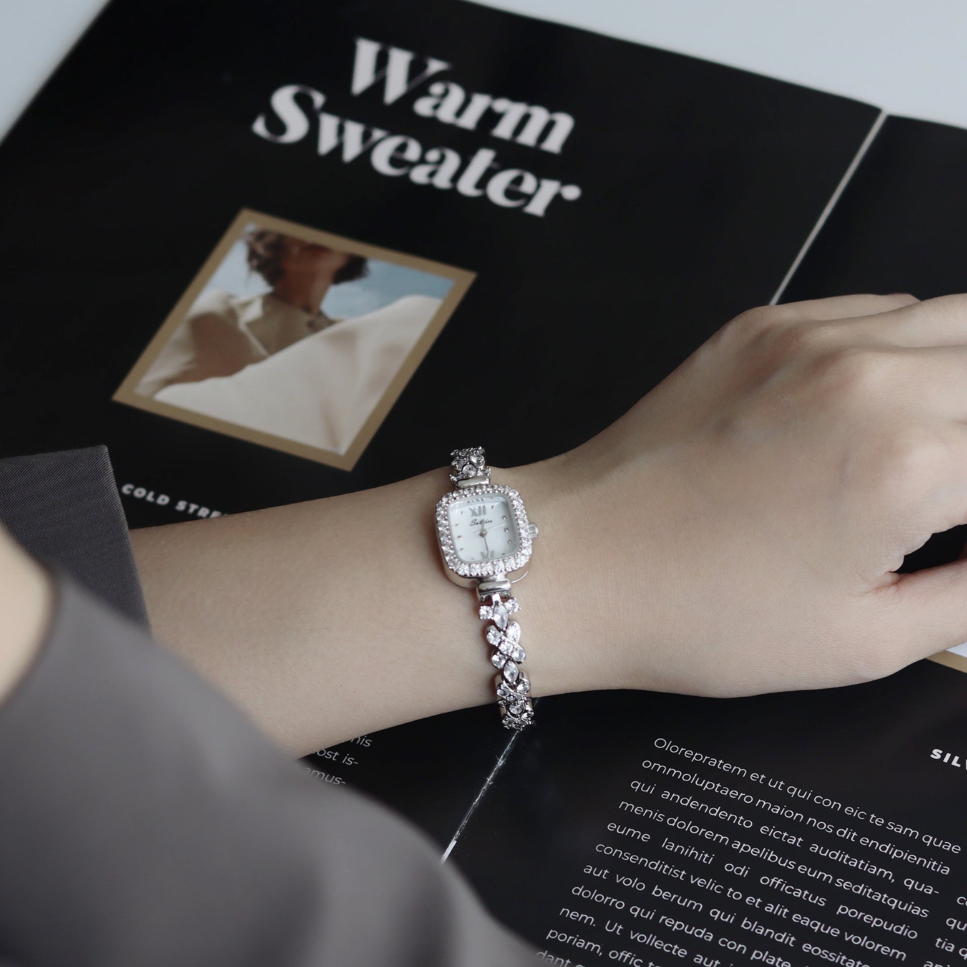 Closeup of Sotoiru square women's watch styled for elegant everyday wear