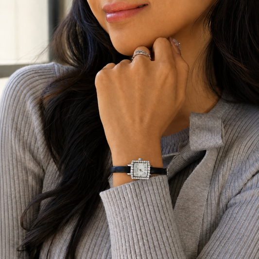 Sotoiru square watch worn on wrist with interchangeable strap design