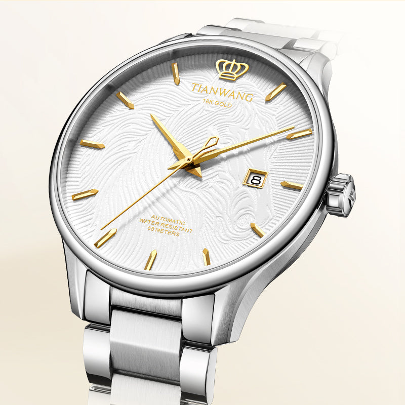 Angled view of Tianwang automatic watch featuring luminous engraved textures