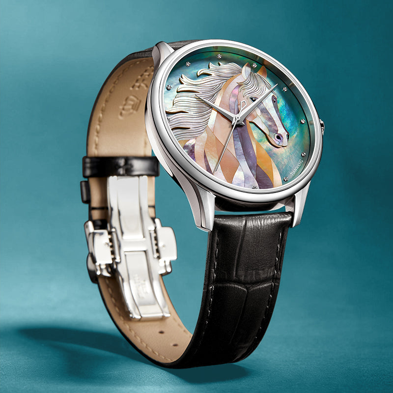 Angled view of Tianwang automatic watch with hand-inlaid mother-of-pearl horse dial