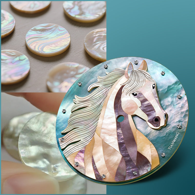 Close-up of Tianwang horse watch dial with hand-inlaid raden mother-of-pearl details