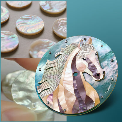 Close-up of Tianwang horse watch dial with hand-inlaid raden mother-of-pearl details