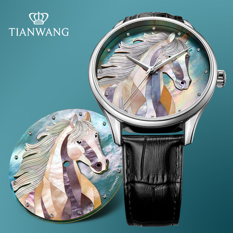 Tianwang automatic watch featuring a hand-inlaid mother-of-pearl horse dial with black leather strap