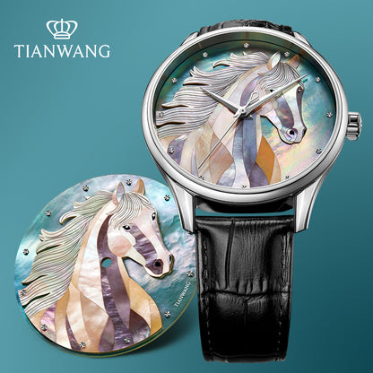 Tianwang automatic watch featuring a hand-inlaid mother-of-pearl horse dial with black leather strap