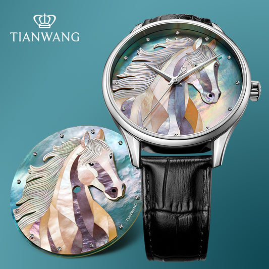 Tianwang automatic watch featuring a hand-inlaid mother-of-pearl horse dial with black leather strap