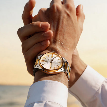 Tianwang automatic watch with Sunrise Peak Gold textured dial